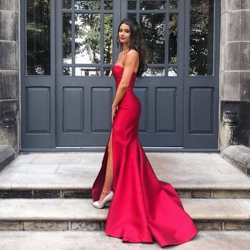 Simple Red Long Cheap Mermaid Strapless Prom Dresses Online, TYP1842