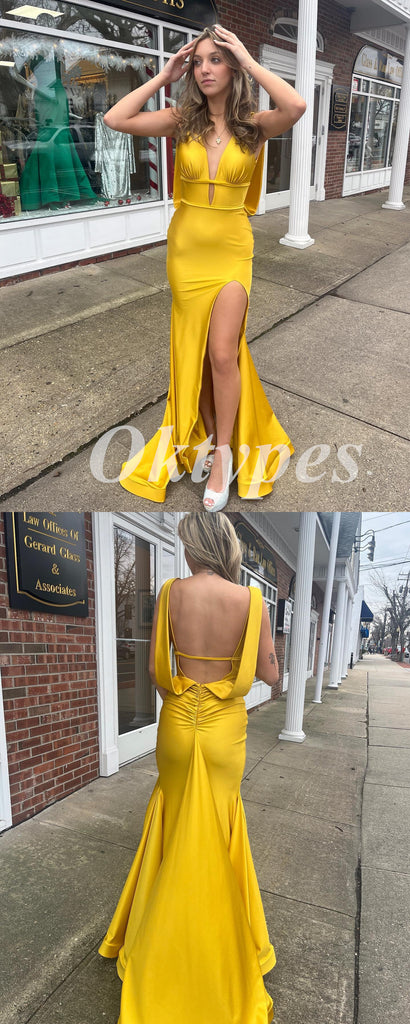 Sexy Soft Satin Spaghetti V-Neck Sleeveless Open Back Side Slit Mermaid Long Prom Dresses, PDS0893