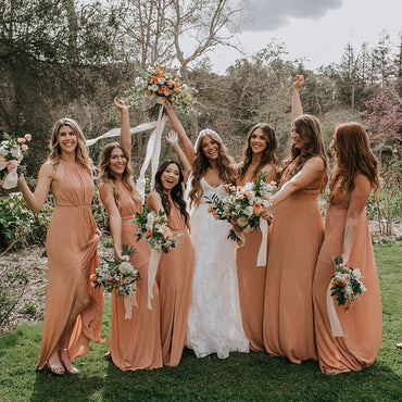 Sheath Crew Long Cheap Dusty Orange Chiffon Bridesmaid Dresses with Split, TYP1369