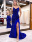 Sexy Charming Royal Blue Sequin Spaghetti Straps V-Neck Sleeveless Side Slit Mermaid Long Prom Dresses With Feather,PDS0652