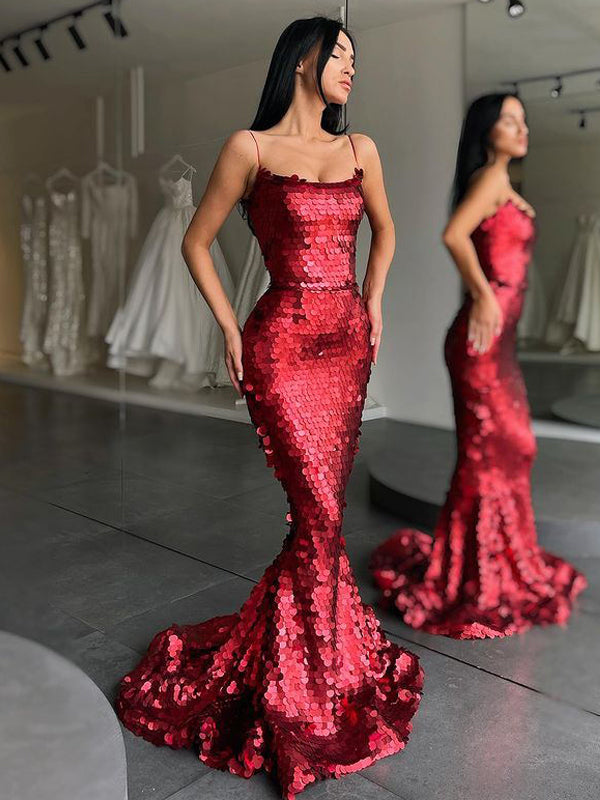 Spaghetti Strap Mermaid Sequin Red Long Prom Dresses Online, PDS0220