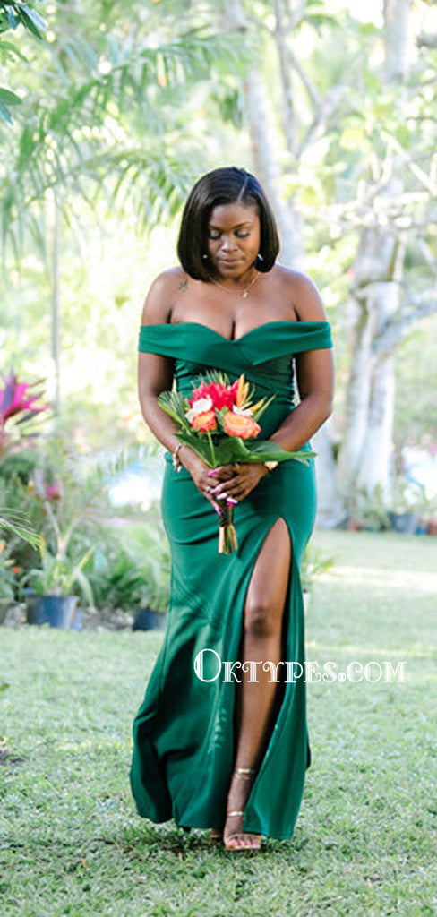 Simple Off-shoulder Green Mermaid Side Slit Cheap Bridesmaid Dresses, BDS0127