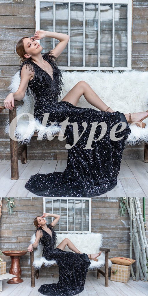 Sexy Black Sequin Spaghetti Straps Deep V-Neck Side Slit Mermaid Long Prom Dresses With Feather,PDS0765