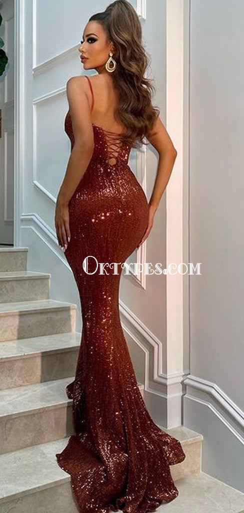 Sparkly V-neck Mermaid Lace Up Back Simple Prom Dresses Online, PDS0196