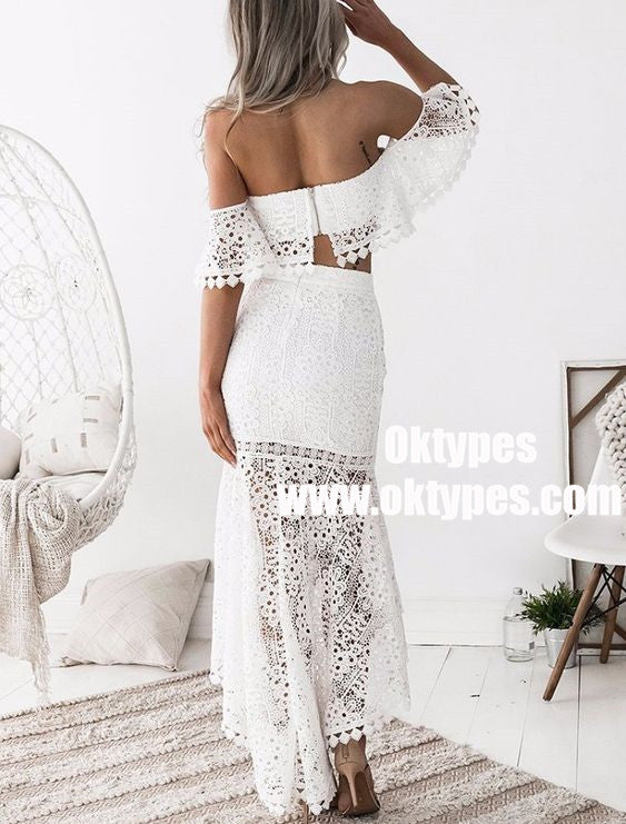 Two Piece Off-the-Shoulder White Lace Homecoming Party Dresses, TYP0964