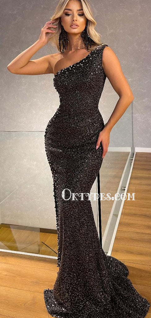 Sexy One-shoulder Mermaid Black Sequin Long Prom Dresses, PDS0254