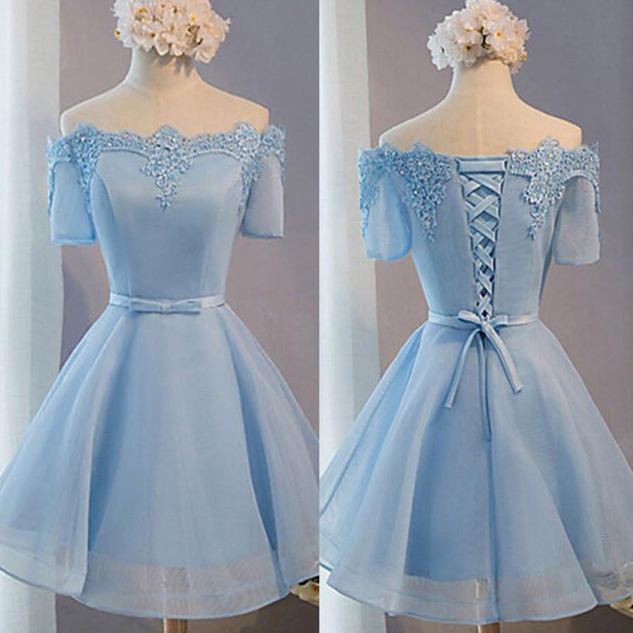 Light Blue off shoulder with short sleeve lace lovely homecoming prom dresses, TYP0089