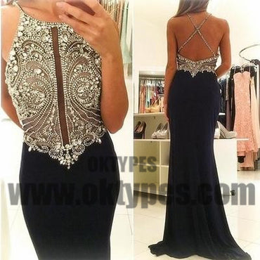 Black Long Floor Length Prom Dresses, Beading Prom Dresses, Halter Strap Prom Dresses, Backless Prom Dresses, TYP0293