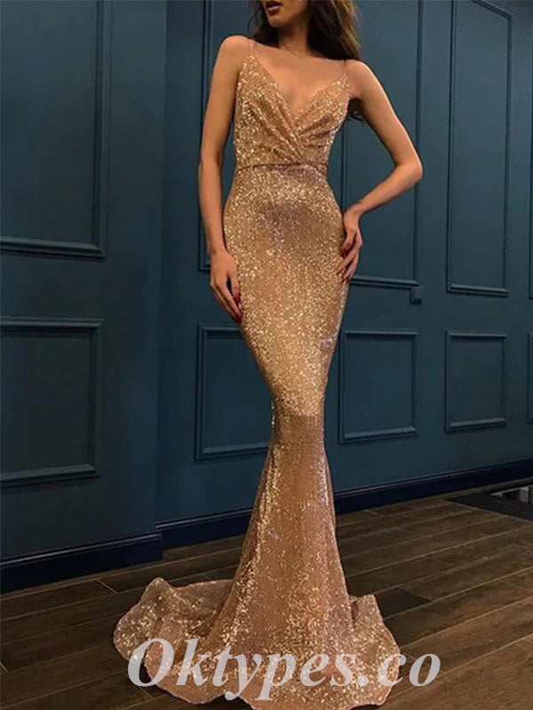 Sexy Sequin Spaghetti Straps V-Neck Sleeveless Mermaid Long Prom Dresses,PDS0609