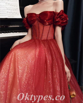 Sexy Shiny Rust Satin And Sequin Tulle Off Shoulder Sleeveless A-Line Long Prom Dresses,PDS0665