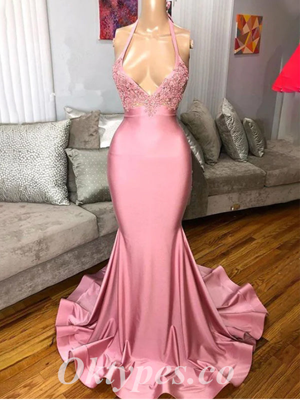 Sexy Blush Satin Halter Sleeveless Mermaid Long Prom Dresses With Applique,PDS0545