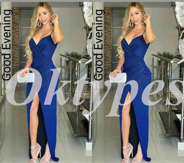 Sexy Sequin Spaghetti Straps V-Neck Sleeveless Side Slit Mermaid Long Prom Dresses, PDS0867