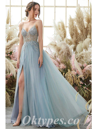 Elegant Tulle Spaghetti Straps V-Neck Side Slit A-Line Long Prom Dresses With Rhinestone,PDS0591