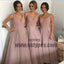 Dusty Rose Long Sleeveless A-line V-neck Open Back Beading Bridesmaid Dress, TYP0467