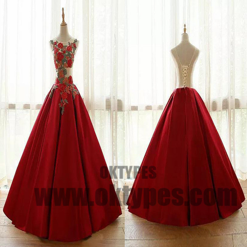 A-line Long Prom Dresses, Red Appliques Prom Dresses, Jewel Prom Dresses, Lace Up Prom Dresses, TYP0226