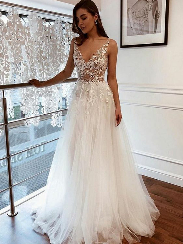 Simple A-Line Tulle Lace V-neck Evening Dress, Bridal Weding Dresses, TYP1163