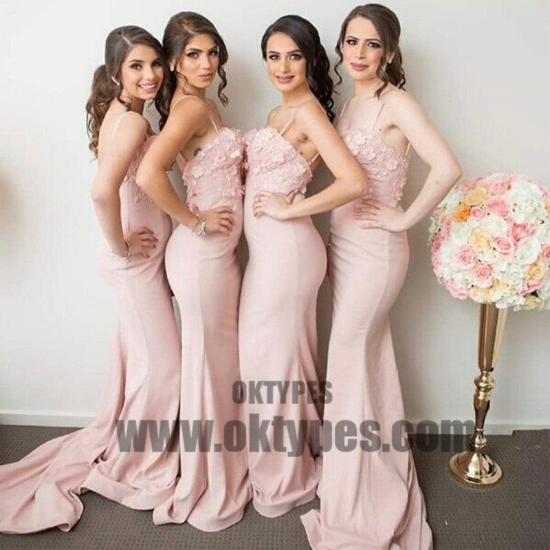 Newest Spaghettis Straps Backless Appliques Mermaid Sleeveless Pink Bridesmaid Dresses, TYP0419
