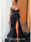 Elegant Black Tulle And Satin One Shoulder Sleeveless Side Slit Mermaid Long Prom Dresses,PDS0726