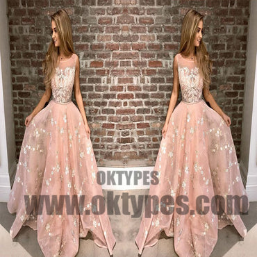 Pink Long Appliques Tulle Prom Dresses, Scoop Evening Prom Dresses, Prom Dresses, TYP0471