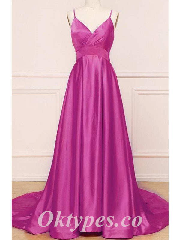 Sexy Soft Satin Spaghetti Straps V-Neck Sleeveless Backless A-Line Long Prom Dresses, PDS0888