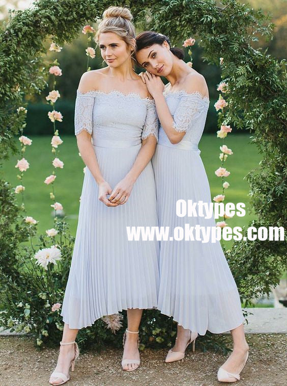 A-Line Off-Shoulder Light Blue Pleated Chiffon Bridesmaid Dress with Lace, TYP0855