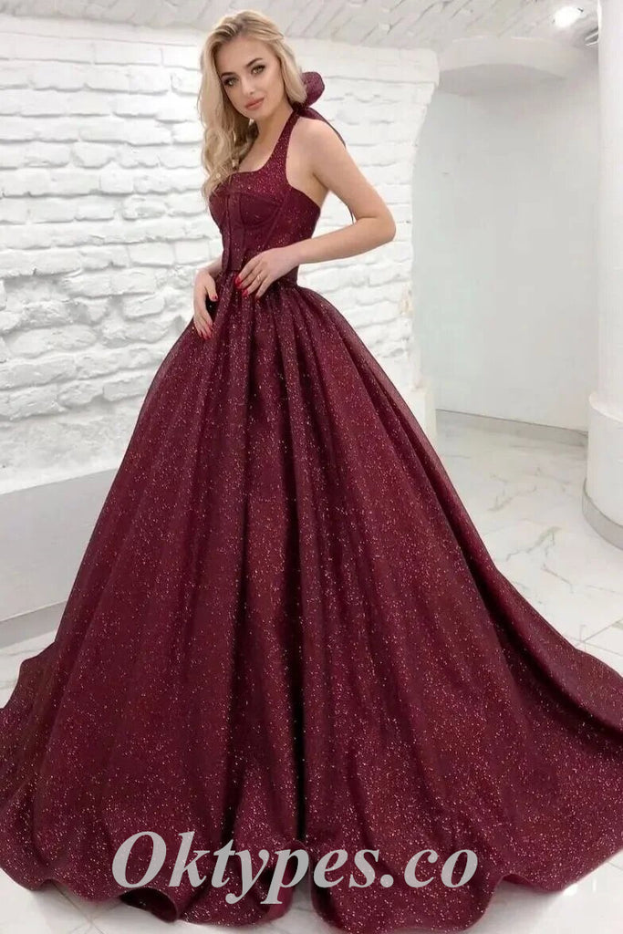 Elegant Sequin Tulle Halter Sleeveless A-Line Long Prom Dresses/ Ball Gown,PDS0744