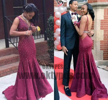 Long Mermaid Prom Dresses, Beading Prom Dresses, V-neck Prom Dresses, Backless Prom Dresses, TYP0298