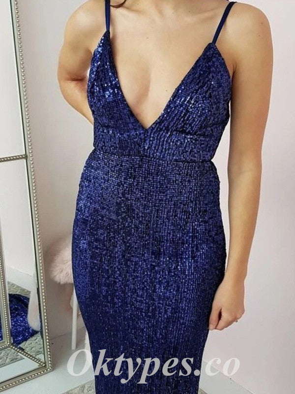 Sexy Sequin Spaghetti Straps V-Neck Backless Mermaid Long Prom Dresses , PDS0876