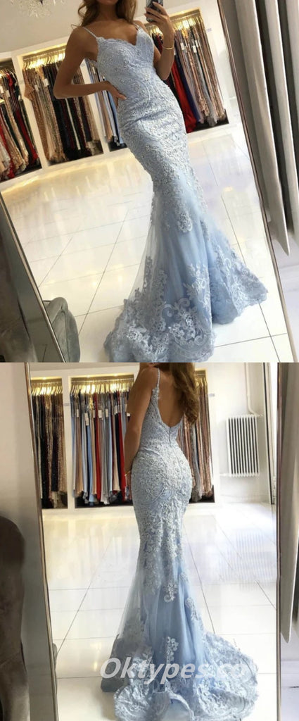Elegant Blue Lace Spaghetti Straps Sleeveless Mermaid Long Prom Dresses,PDS0438