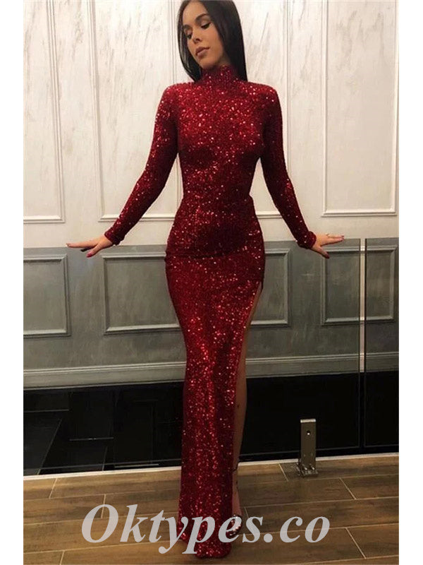 Sexy Sequin High Neck Long Sleeve Side Slit Mermaid Long Prom Dresses,PDS0791