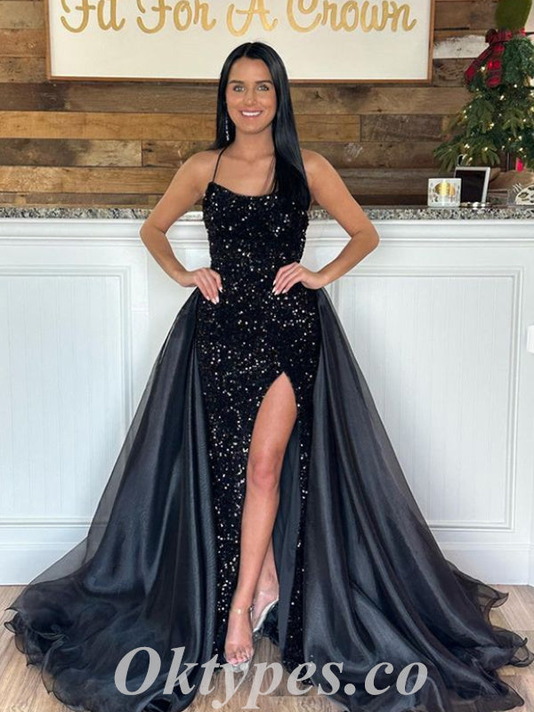 Sexy Black Sequin Spaghetti Straps Sleeveless Mermaid Long Prom Dresses With Trailing,PDS0643