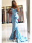 Sexy Blue Satin Off Shoulder V-Neck Sleeveless Side Slit Mermaid Long Prom Dresses,PDS0785