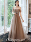 Elegant Tulle Off Shoulder Sleeveless A-Line Long Prom Dresses With Applique And Besding,PDS0710