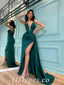 Sexy Satin Spaghetti Straps Deep V-Neck Side Slit Mermaid Prom Dresses,PDS0489