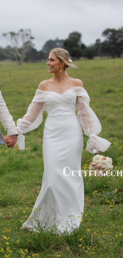 Romantic Off-shoulder Mermaid White Long Sleeve Wedding Dresses, WDS0094