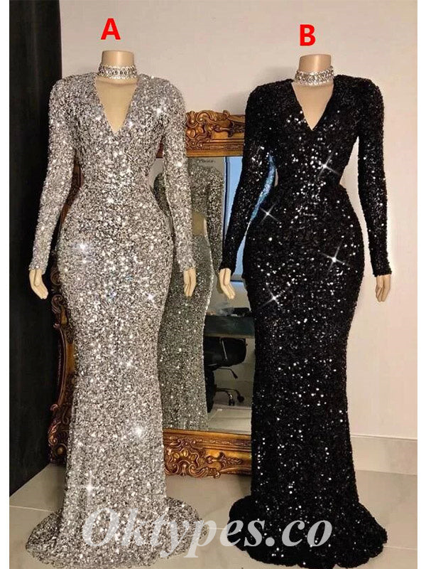 Sexy Sequin V-Neck Long Sleeve Mermaid Long Prom Dresses,PDS0792