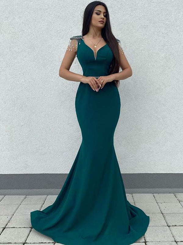 Sexy Spaghetti Strap V-neck Mermaid Long Prom Dresses, PDS0181