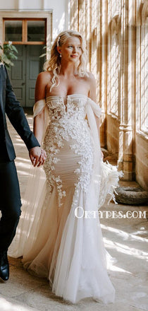 Romantic Off-shoulder Mermaid Lace Tulle Wedding Dresses, WDS0095