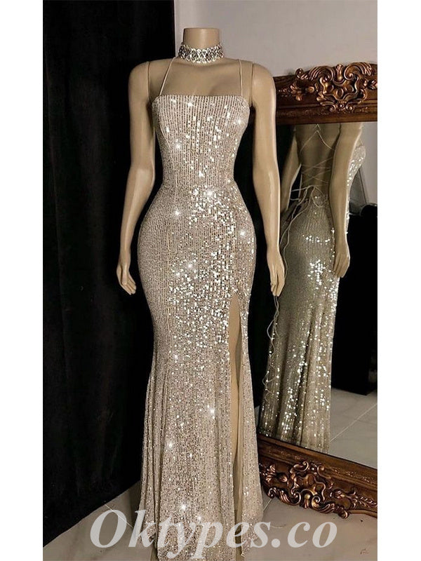 Sexy Sequin Spaghetti Straps Sleeveless Lace Up Back Side Slit Mermaid Long Prom Dresses,PDS0645