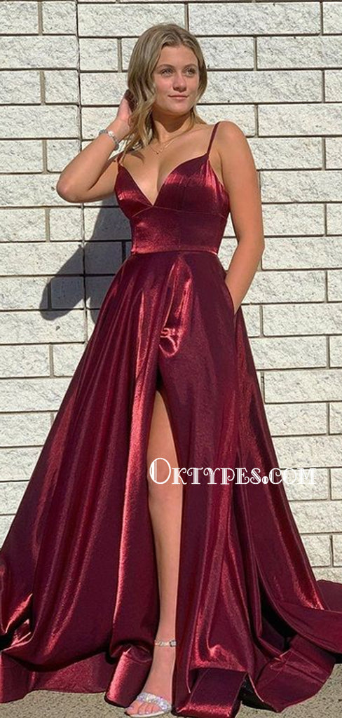 Simple Spaghetti Strap V-neck A-line Long Prom Dresses, PDS0182