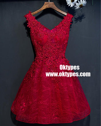 Two Straps Red Lace Heavily Beaded Homecoming Prom Dresses, TYP0902