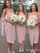 Sheath Strapless Knee Length Blush Pink Satin Bridesmaid Dresses, TYP1975