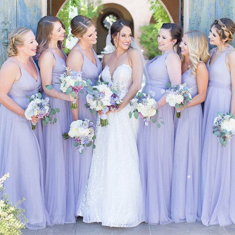 Charming A-Line V-Neck Long Lavender Tulle Bridesmaid Dresses, TYP1479