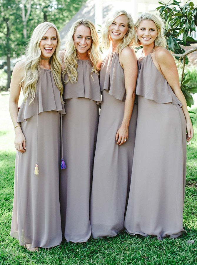 A-Line Halter Long Cheap Grey Backless Bridesmaid Dresses with Ruffles, TYP1011