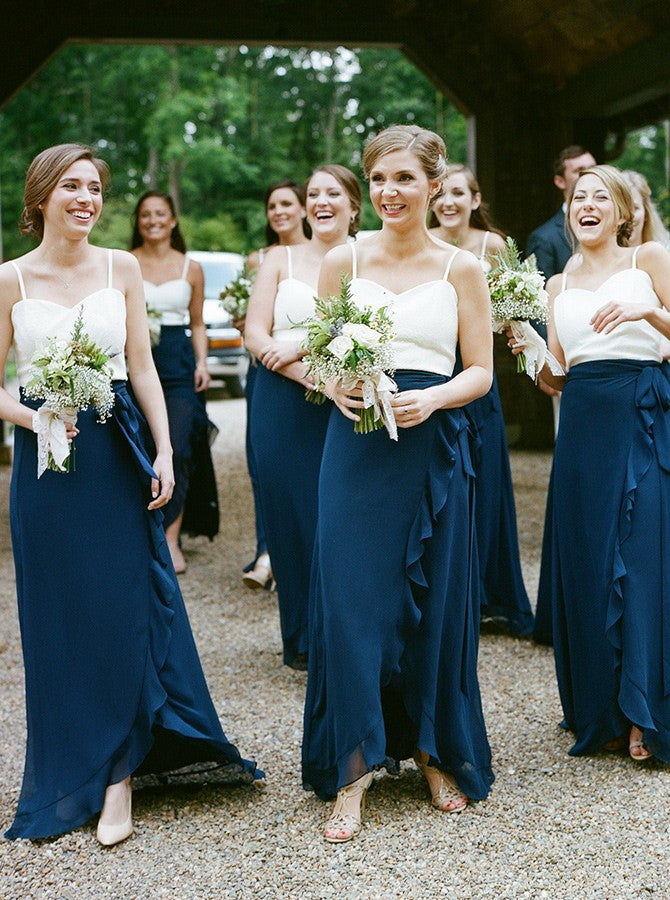 Sheath Spaghetti Straps Royal Blue Sleeveless Long Cheap Bridesmaid Dresses with Ruffles, TYP1013