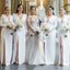Mermaid Deep V-Neck Long Sleeves White Bridesmaid Dresses with Split, TYP1471