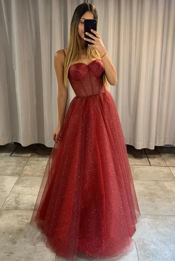 Sexy Sequin Tulle Spaghetti Straps Sleeveless Side Slit A-Line Long Prom Dresses,PDS0415