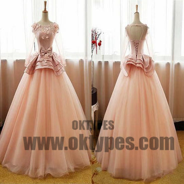 Long Floor Length Tulle Prom Dresses, Appliques Prom Dresses, Long Sleeve Prom Dresses, Lace Up Prom Dresses, TYP0306