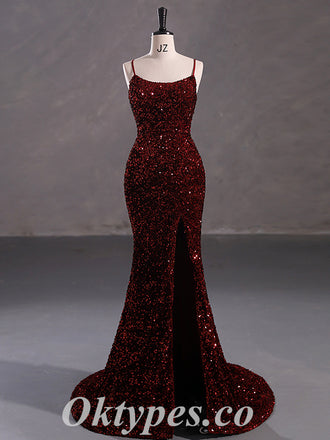 Elegant Sequin Spaghetti Straps Lace Up Back Side Slit Mermaid Long Prom Dresses,PDS0465