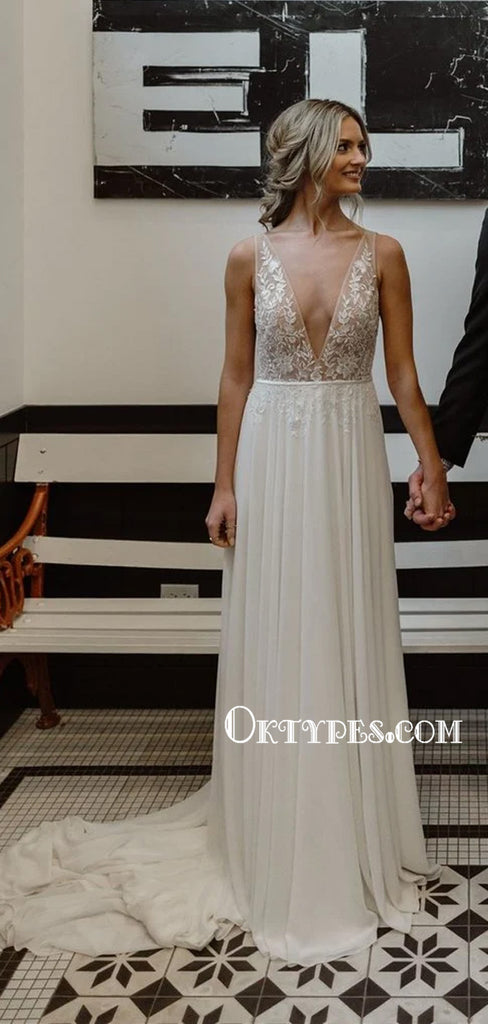 New Arrival V-neck Chiffon Sleeveless Long Wedding Dresses, WDS0079